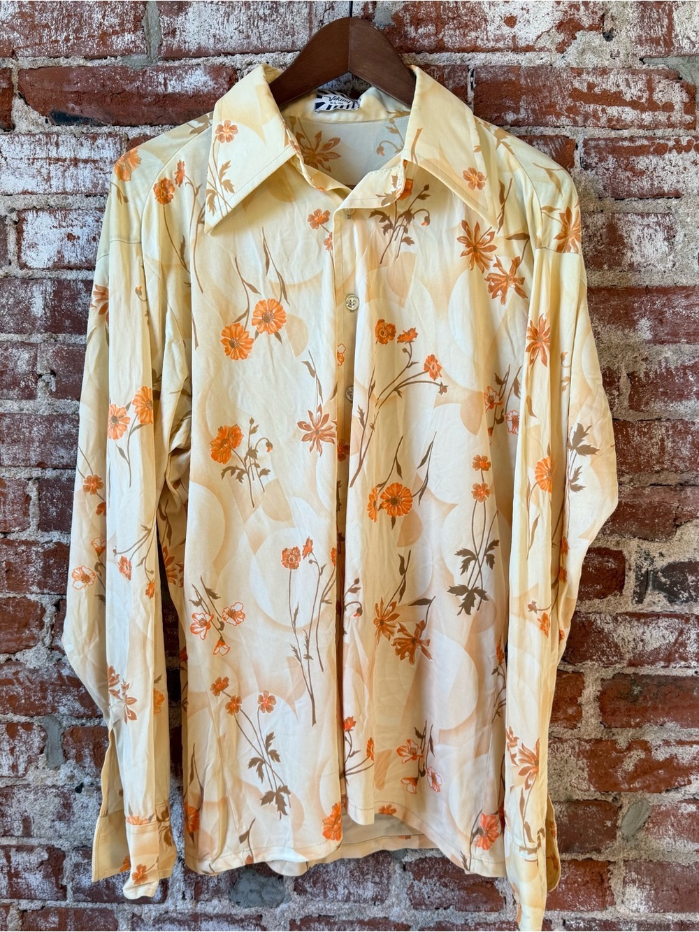 Vintage 70s Floral Viking  Button Up Polyester Shirt Dagger Collar Retro Disco